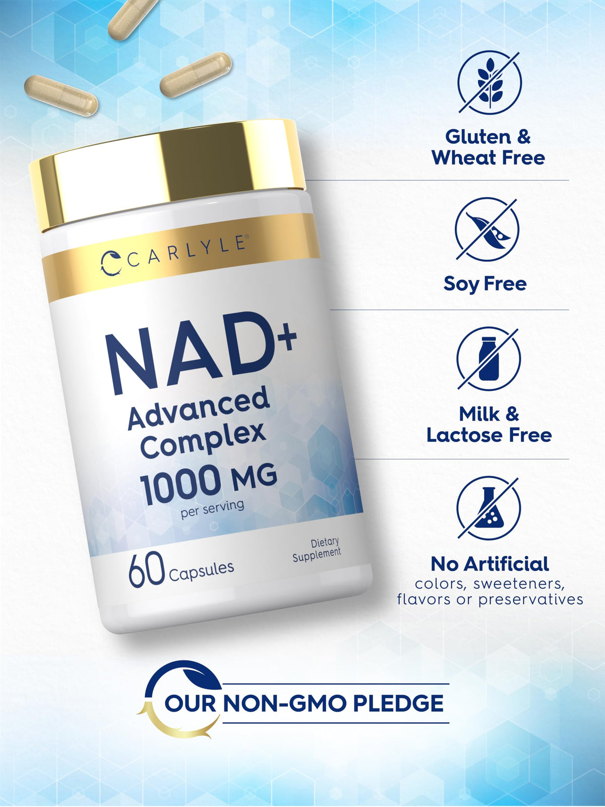 Carlyle Complément Alimentaire NAD+ 1000 mg capsules sur fond blanc