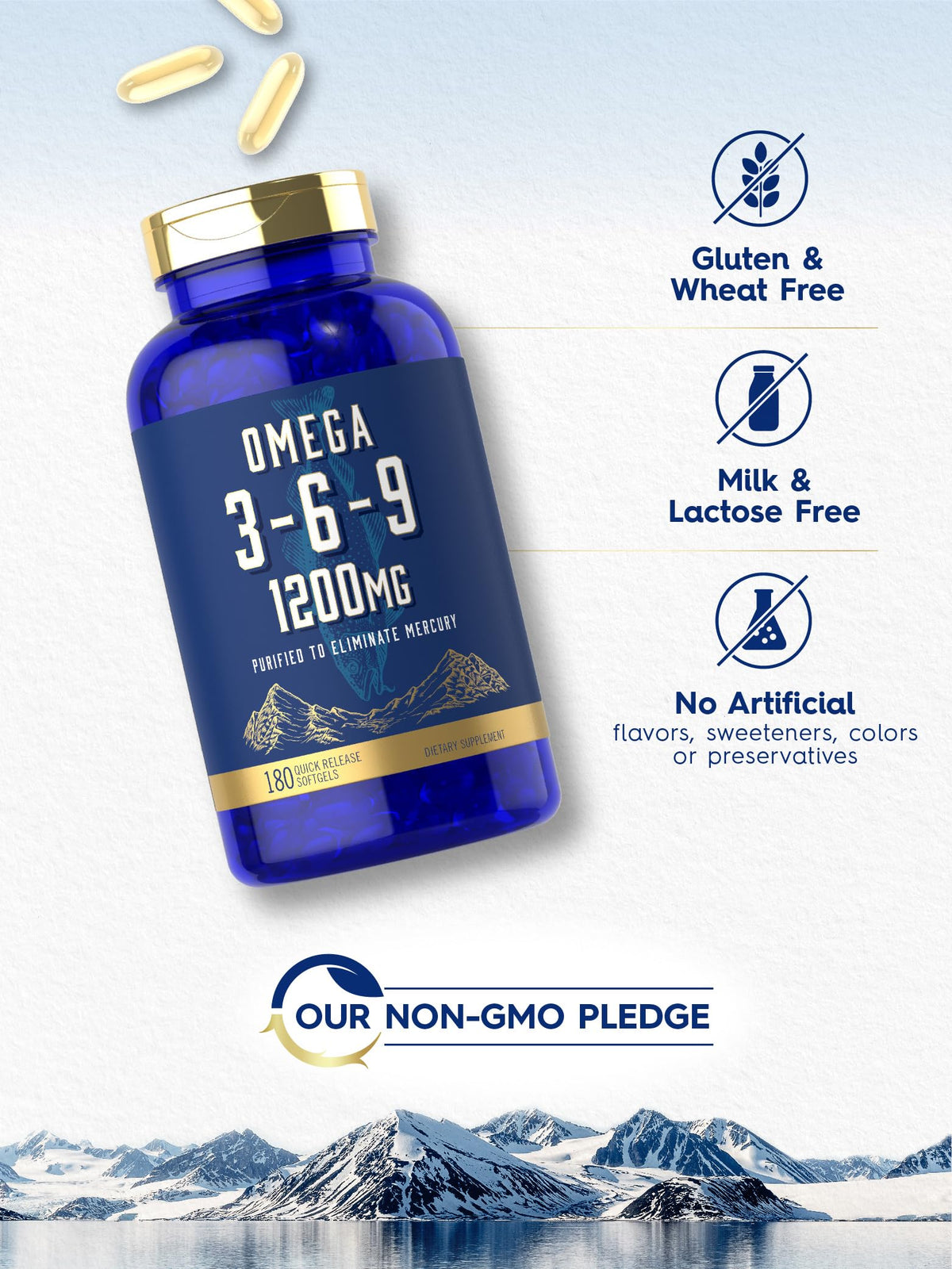 Carlyle Complément Alimentaire Omega 3-6-9 gélules molles à côté d'une tasse