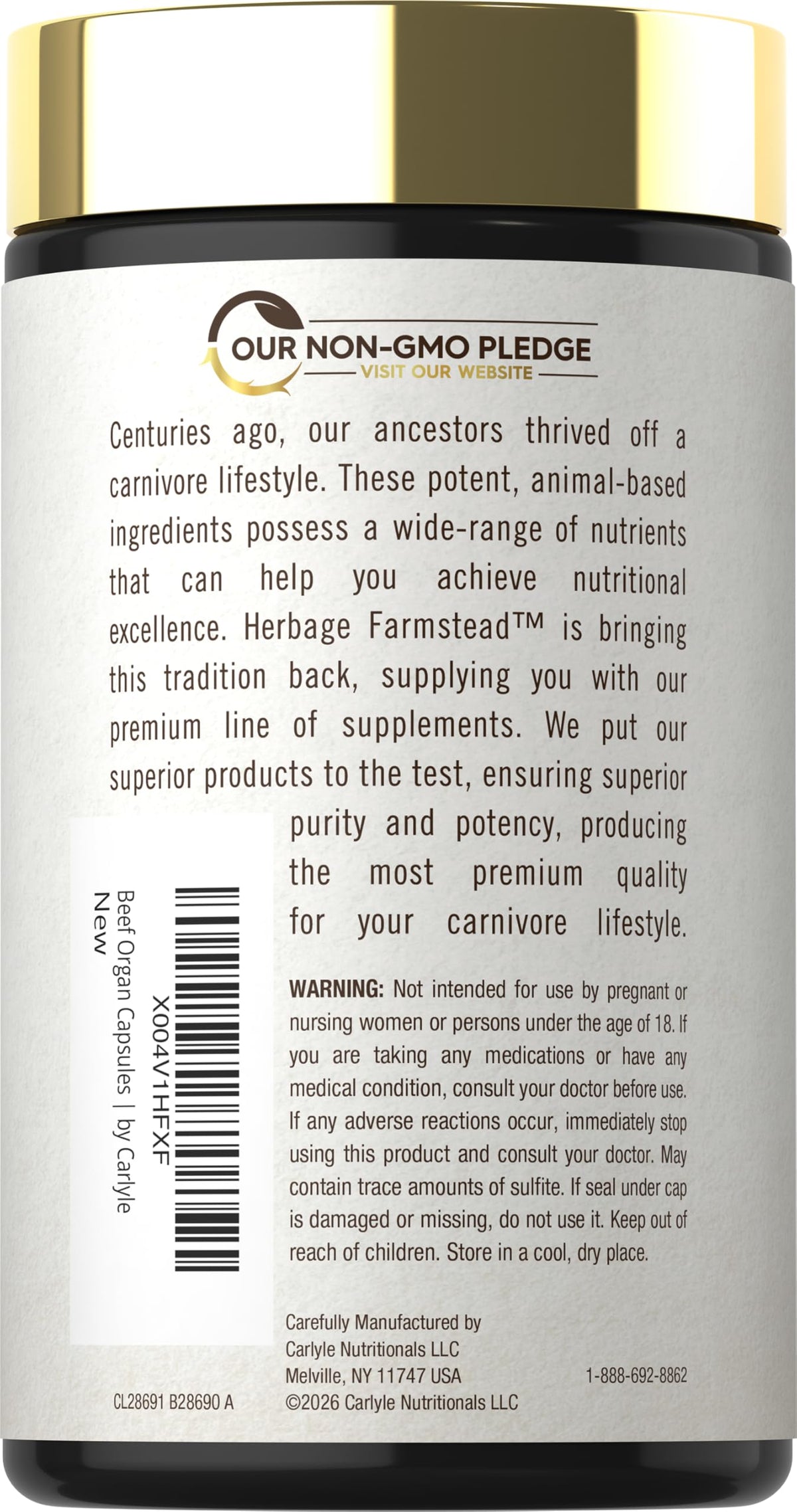 Carlyle Complément Alimentaire Organes de Bœuf 180 Capsules côté avec étiquette