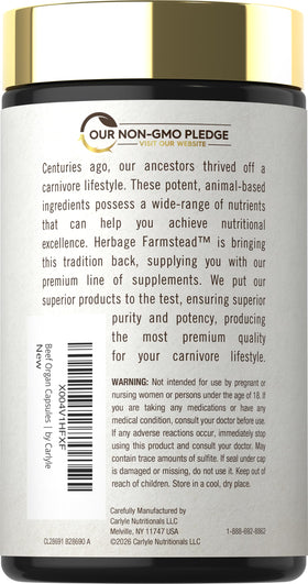 Carlyle Complément Alimentaire Organes de Bœuf 180 Capsules côté avec étiquette