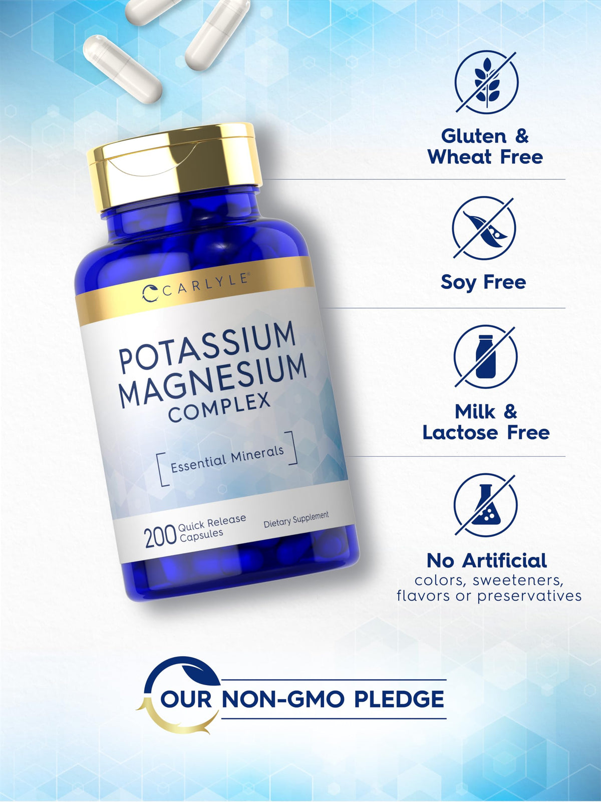 Carlyle Complément Alimentaire Potassium et Magnésium 200 Capsules sur une table en bois
