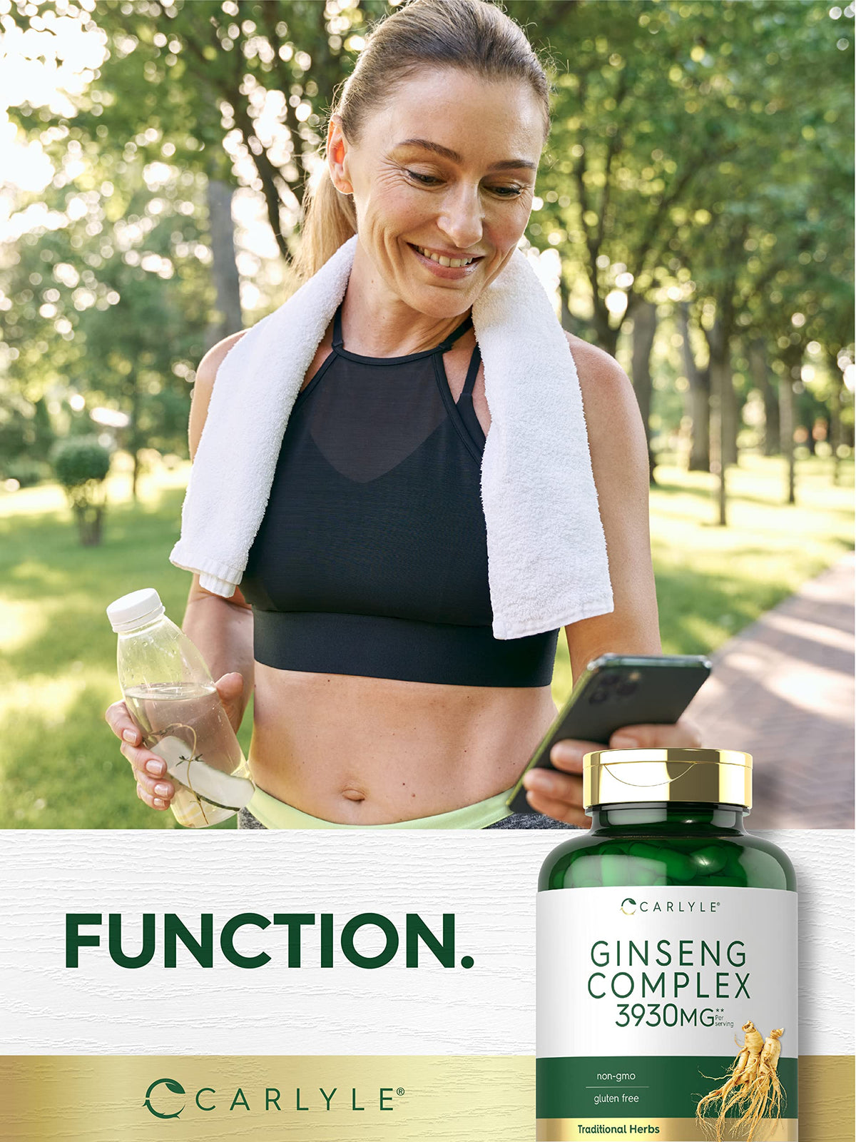 Carlyle Complex Ginseng 200 capsules avec des ingrédients naturels en arrière-plan