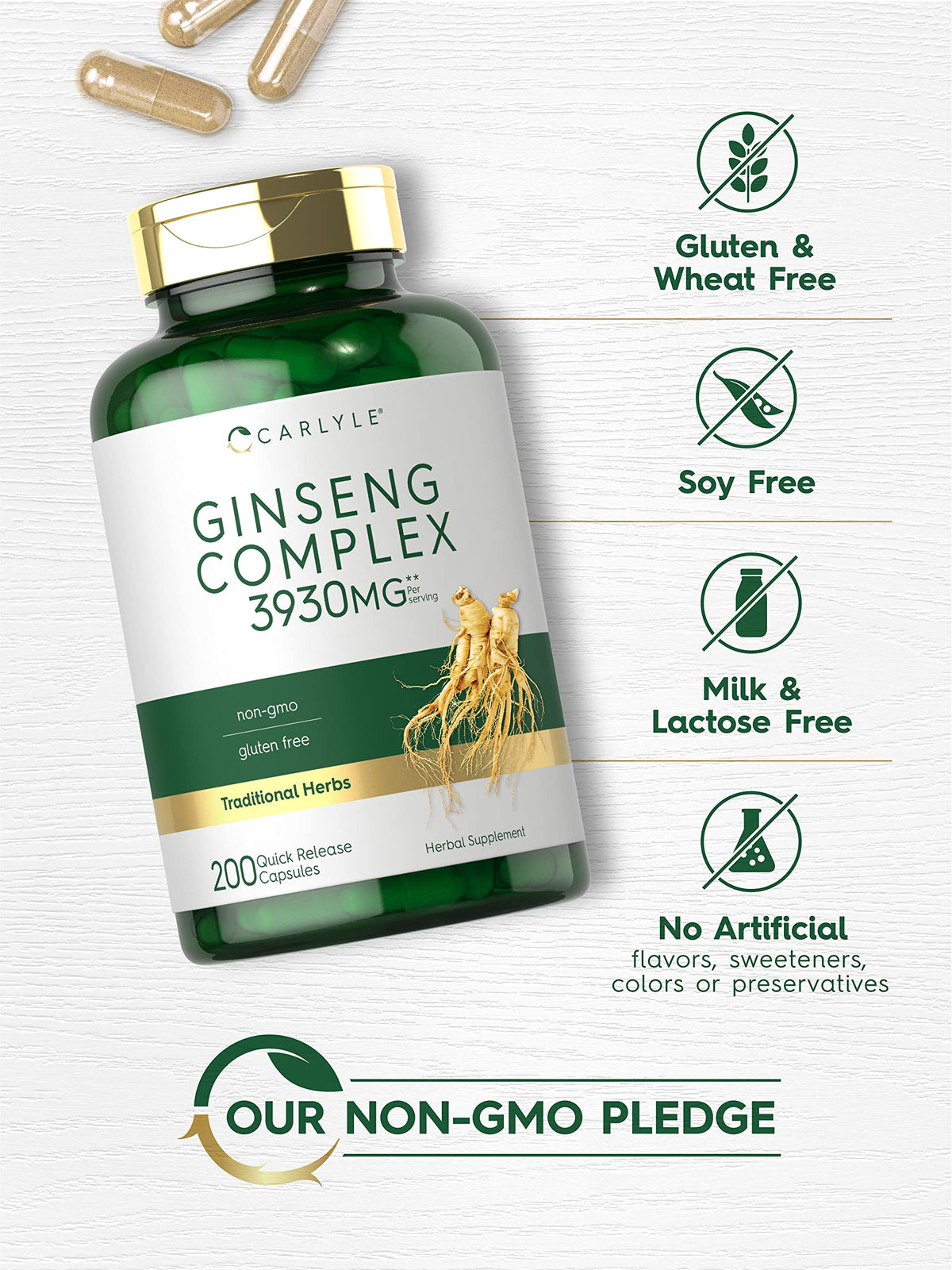 Carlyle Complex Ginseng 200 capsules ouvertes montrant les gélules