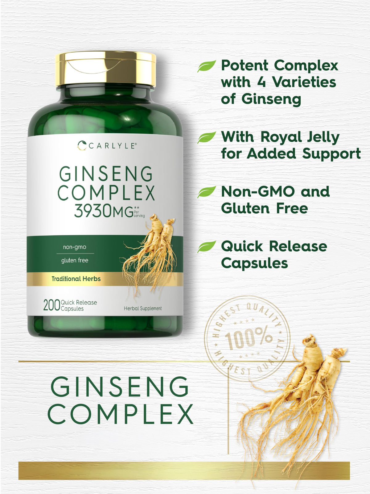 Carlyle Complex Ginseng 200 capsules sur un fond blanc