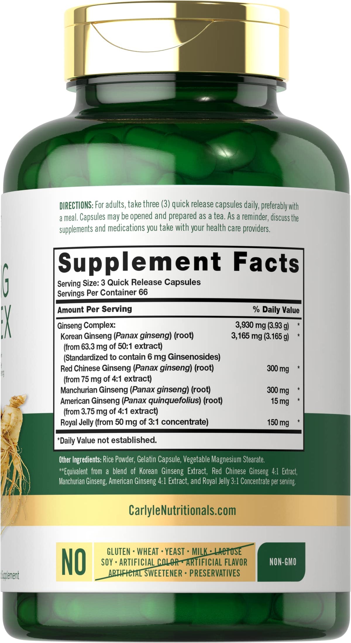 Carlyle Complex Ginseng 200 capsules vue arrière avec informations nutritionnelles