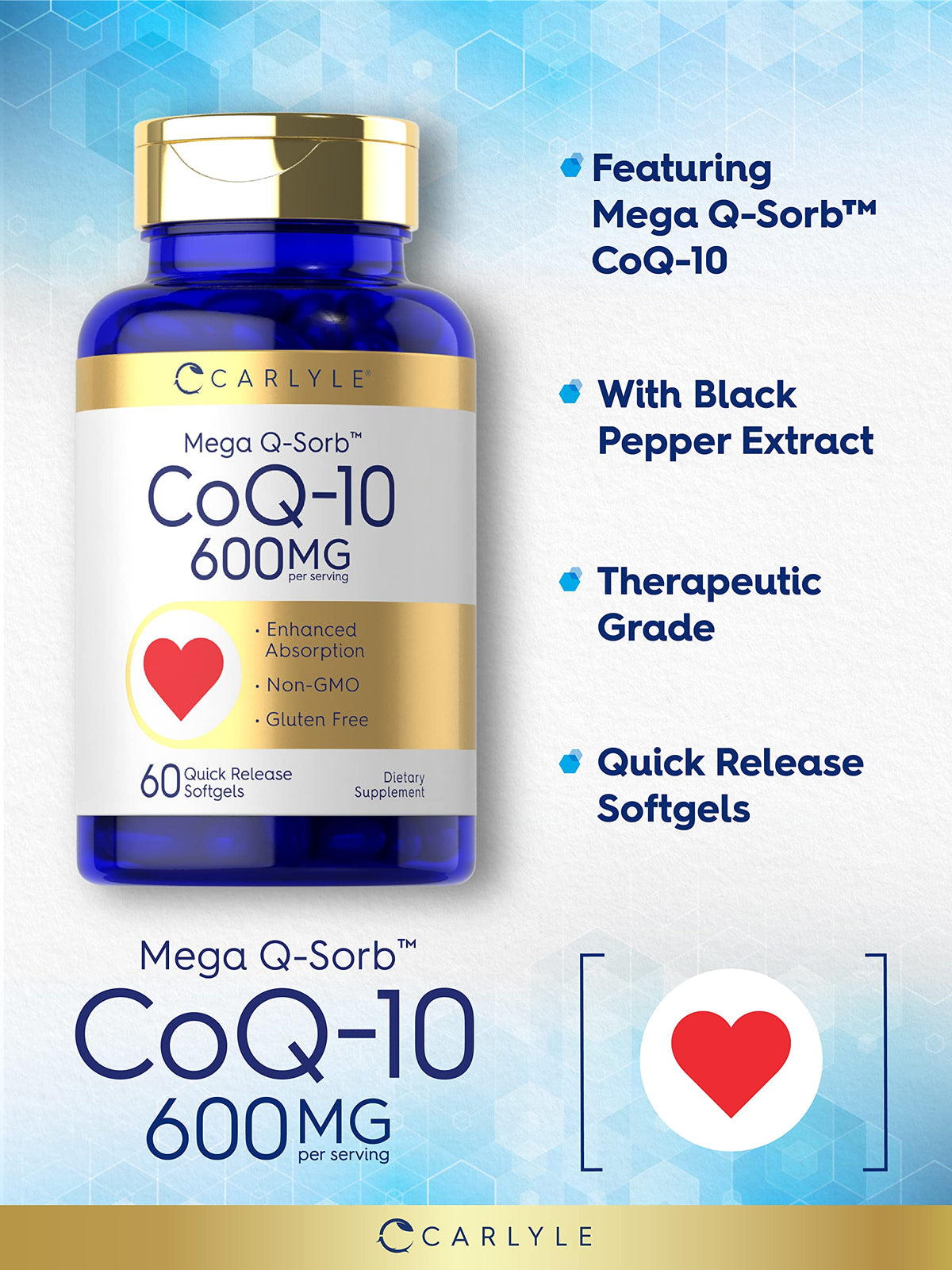 Carlyle CoQ10 600 mg Softgels, étiquette avec informations nutritionnelles