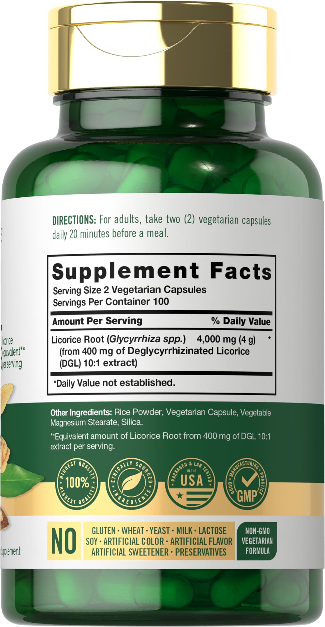 Carlyle DGL 200 capsules, vue arrière avec informations nutritionnelles