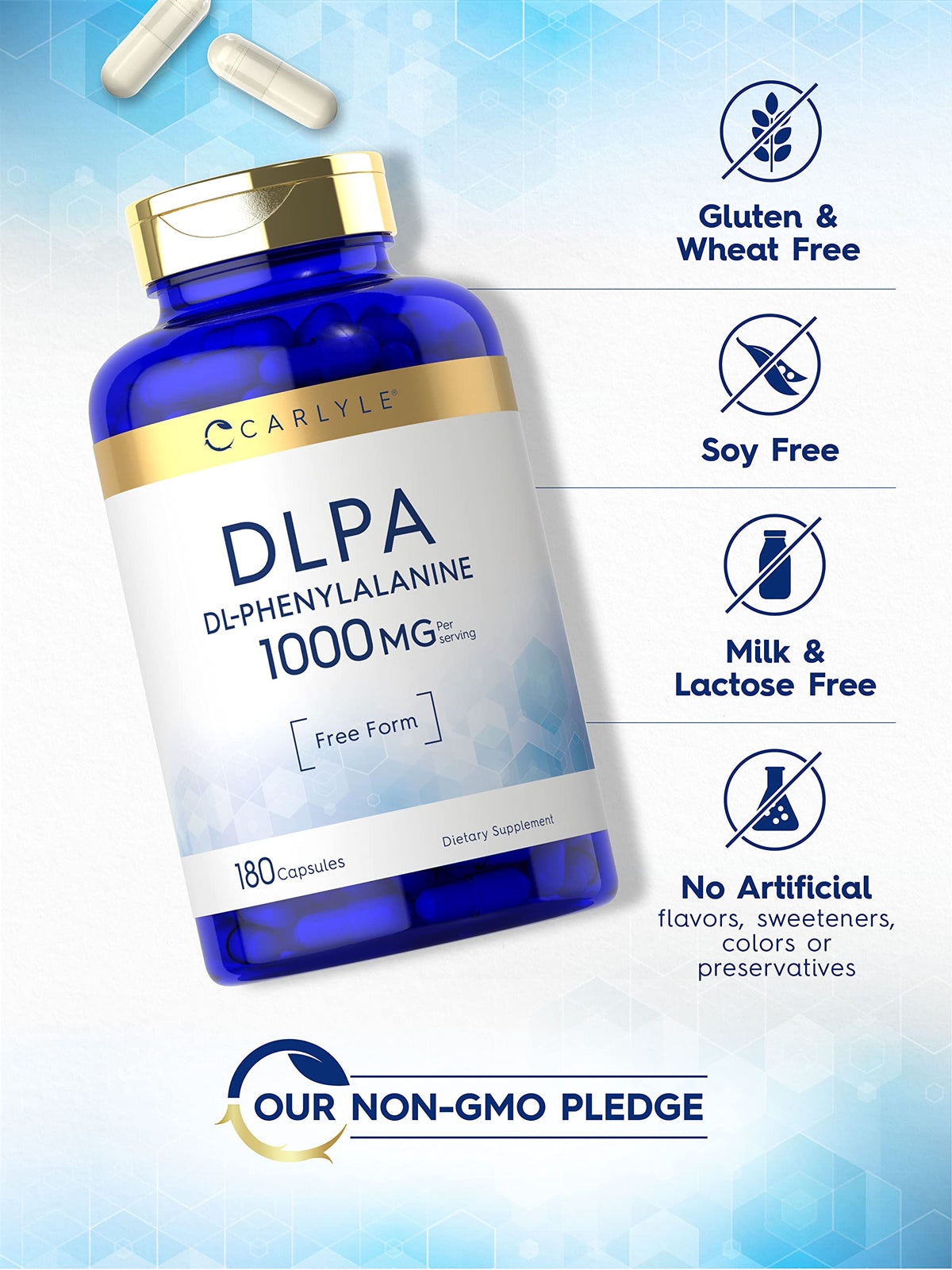 Carlyle DL-Phenylalanine 1000mg capsules on a table