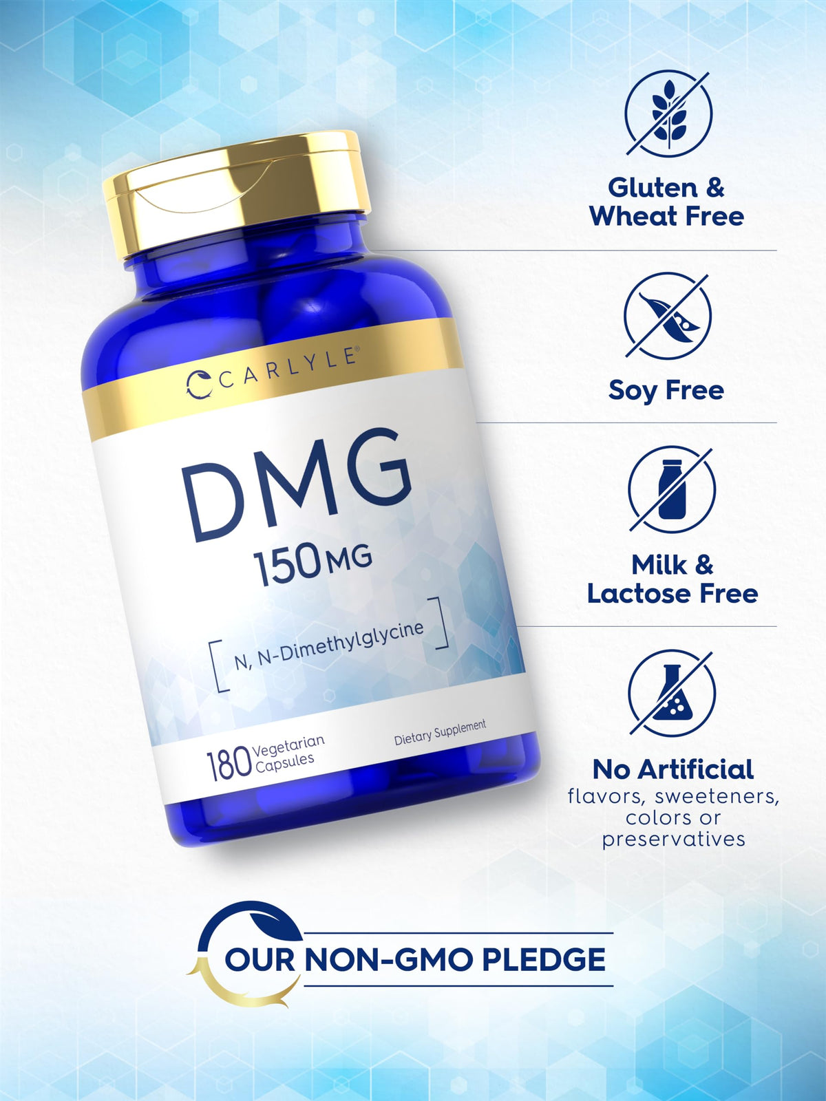 Carlyle DMG N-Diméthylglycine 150 mg avec une main tenant les capsules