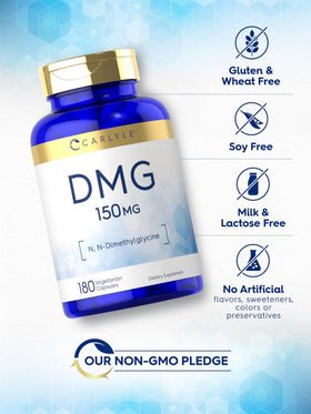 Carlyle DMG N-Diméthylglycine 150 mg avec une main tenant les capsules
