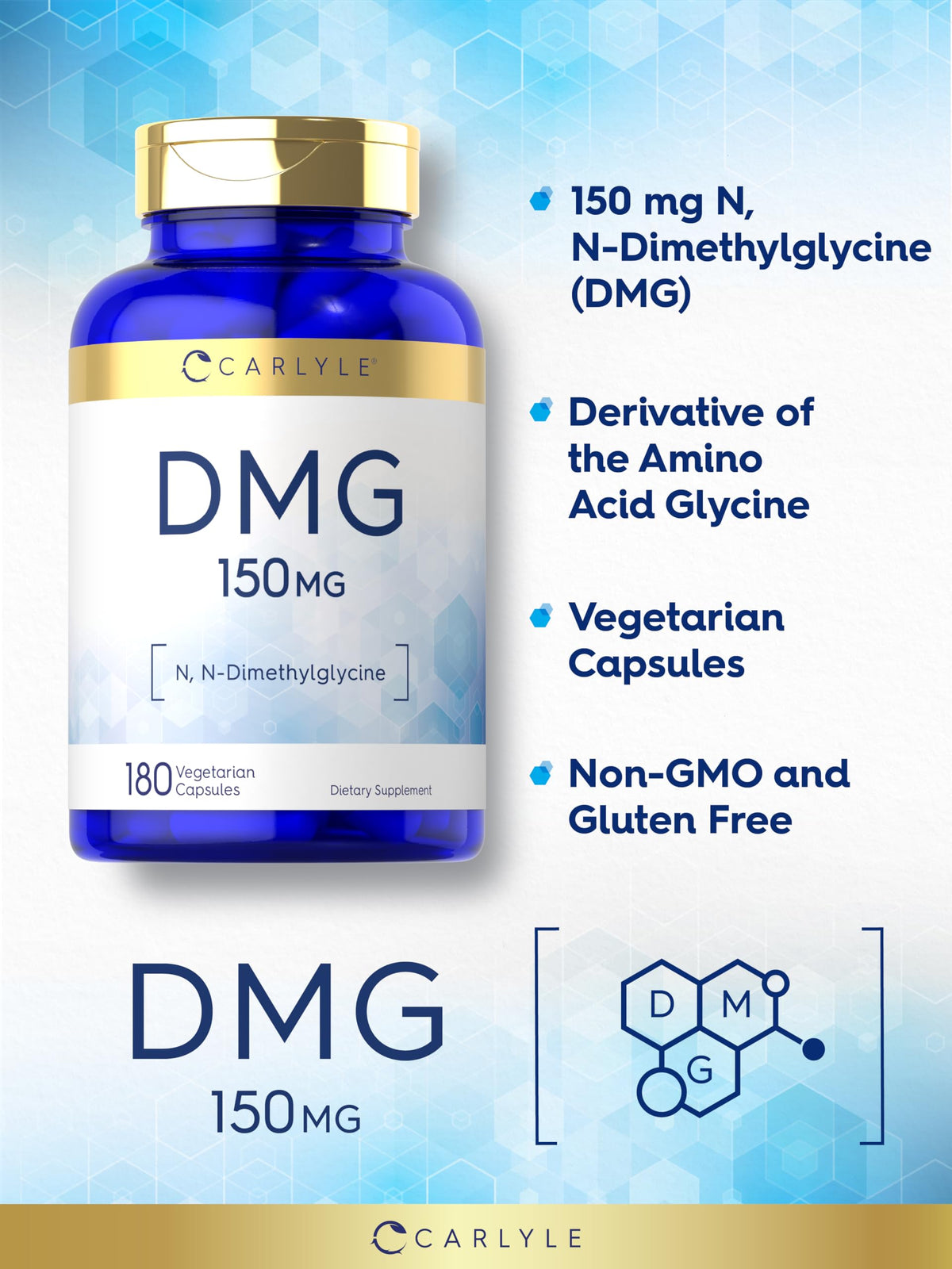 Carlyle DMG N-Diméthylglycine 150 mg vue latérale du flacon