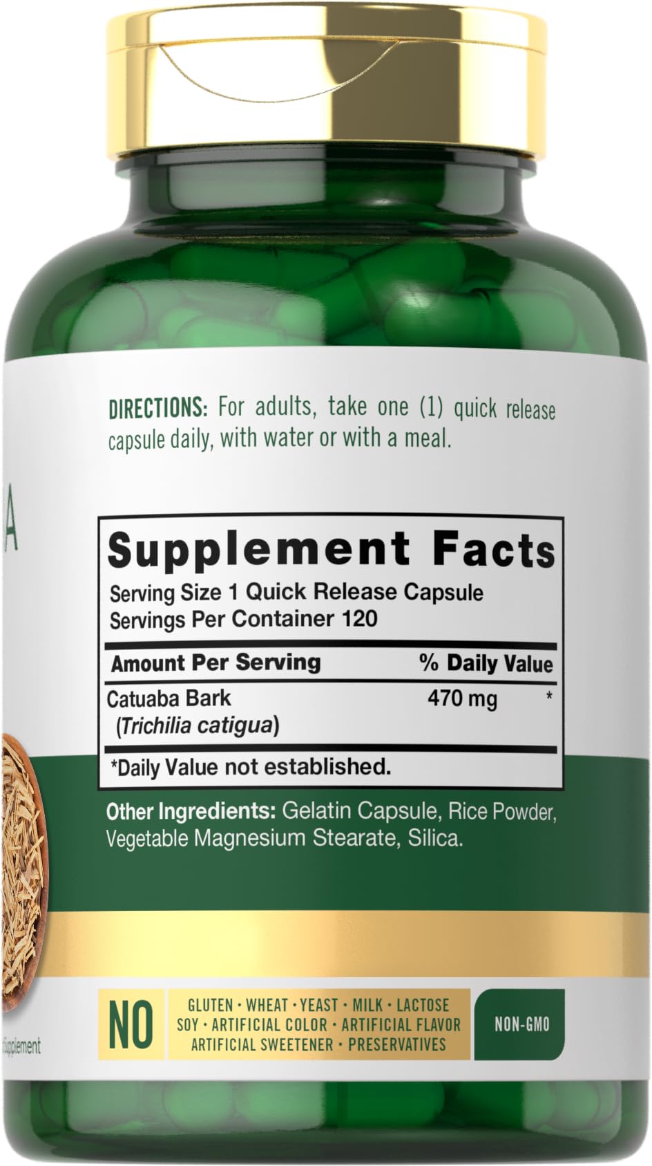 Carlyle Écorce de Catuaba 470mg, gélule ouverte montrant la taille