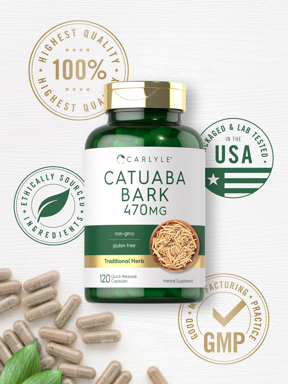 Carlyle Écorce de Catuaba 470mg, présentation des gélules dans un verre