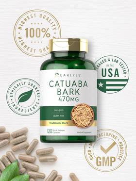 Carlyle Écorce de Catuaba 470mg, présentation des gélules dans un verre