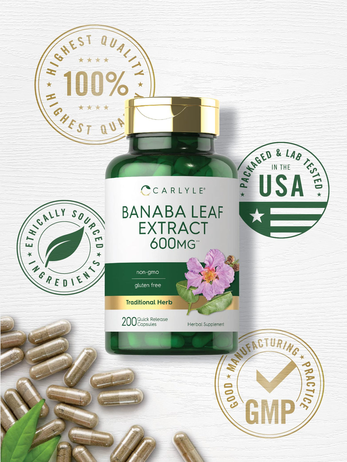 Carlyle Extrait de Feuille de Banaba 200 Capsules sur fond blanc