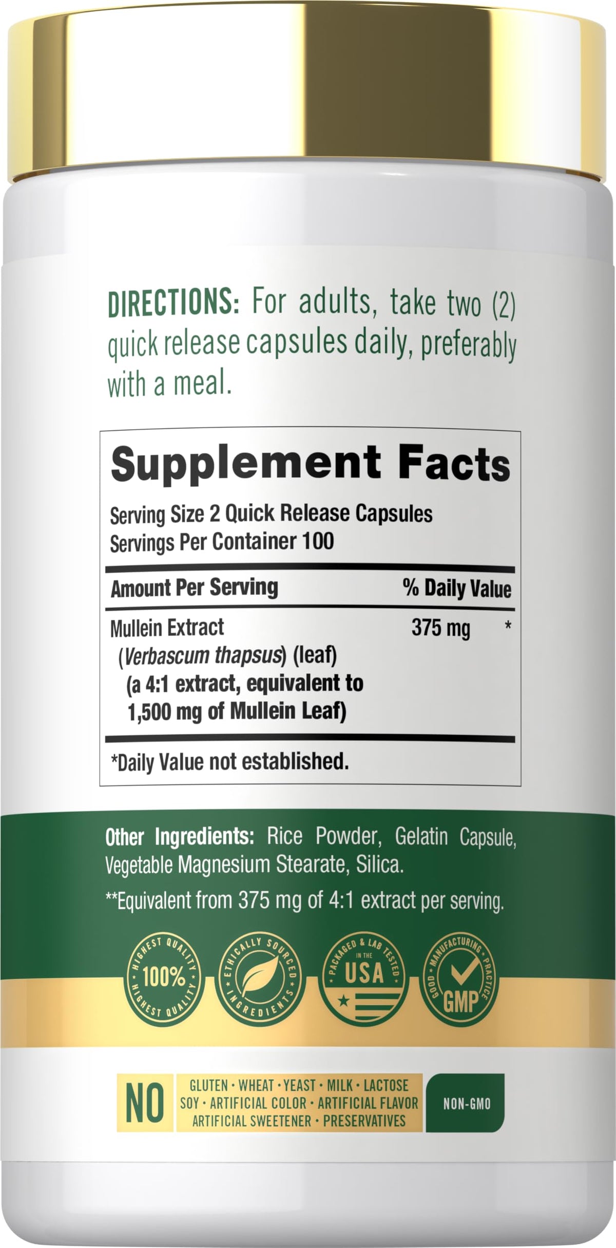 Carlyle Extrait de Feuille de Molène 200 Capsules vue arrière avec ingrédients