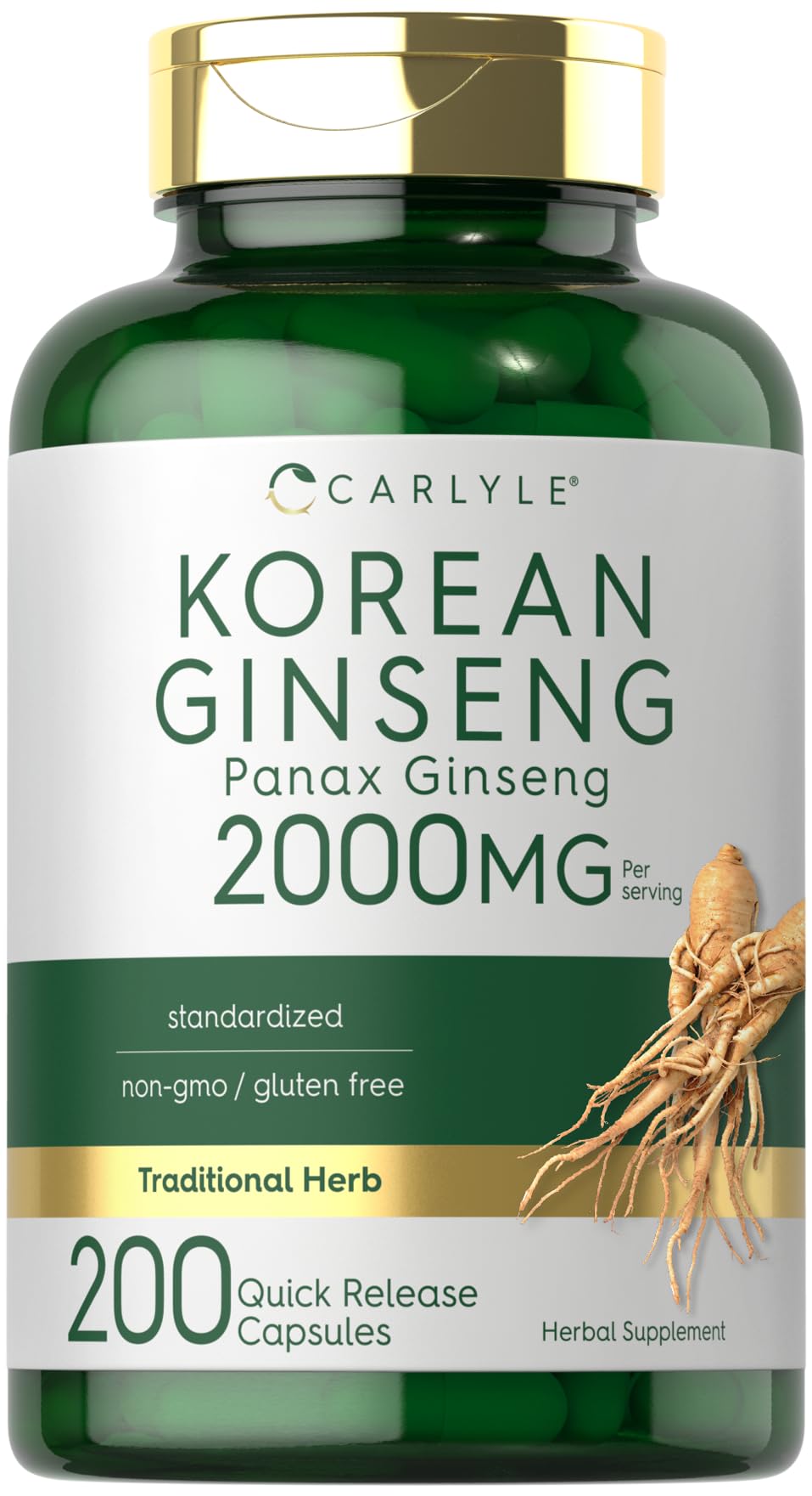 Carlyle Extrait de Ginseng Coréen 2000mg, 200 capsules, vue de face