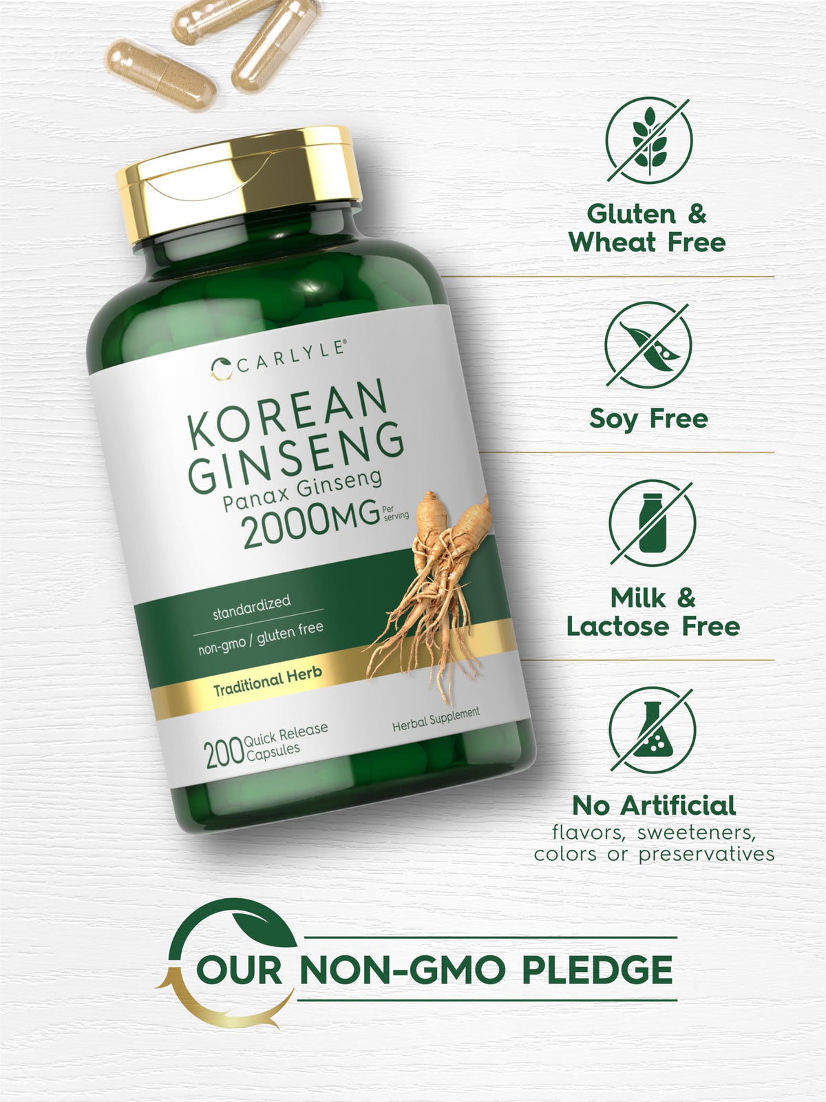 Carlyle Extrait de Ginseng Coréen 2000mg, flacon ouvert avec capsules