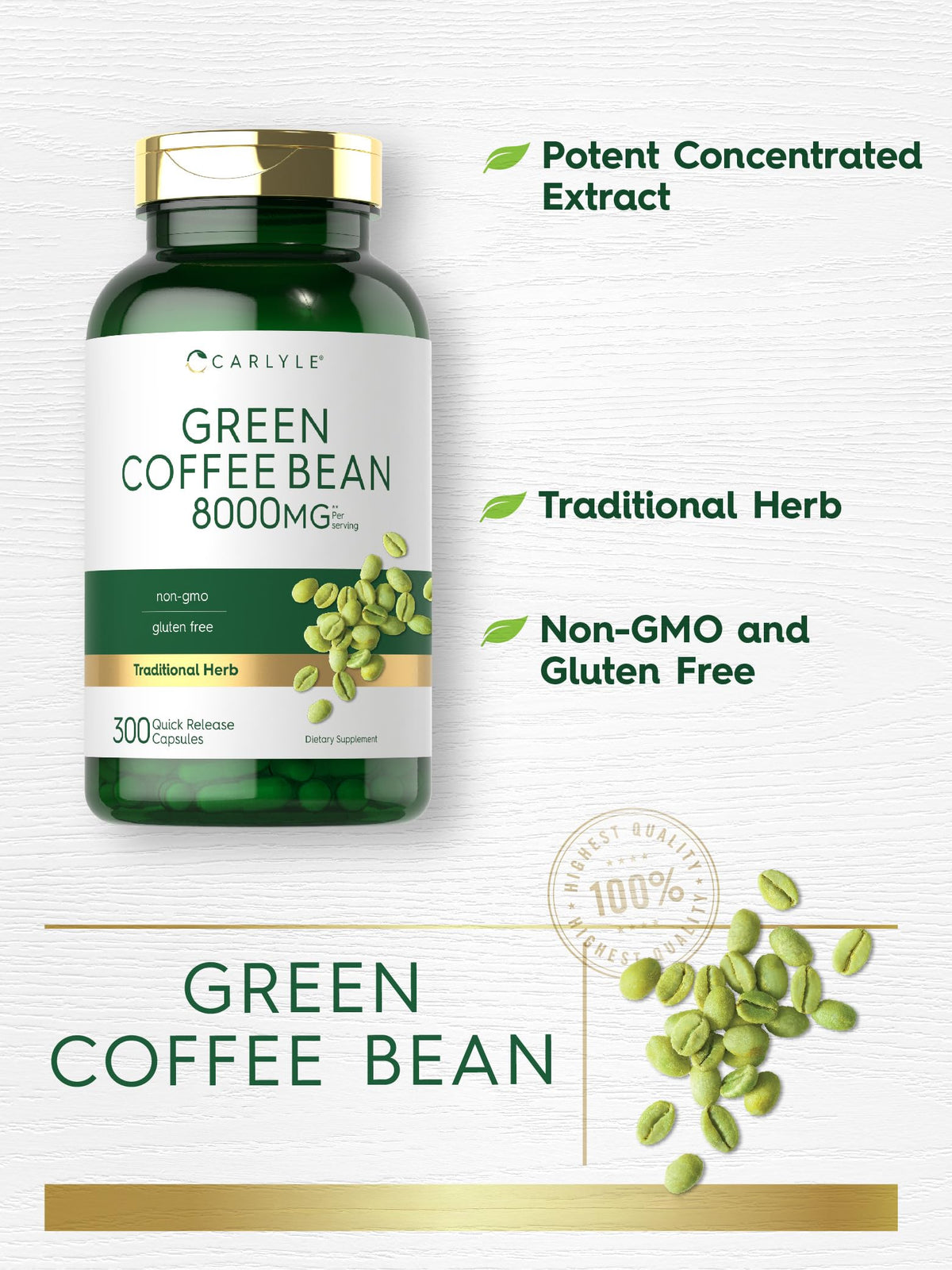 Carlyle Extrait de Grains de Café Vert 300 Capsules avec capsules visibles