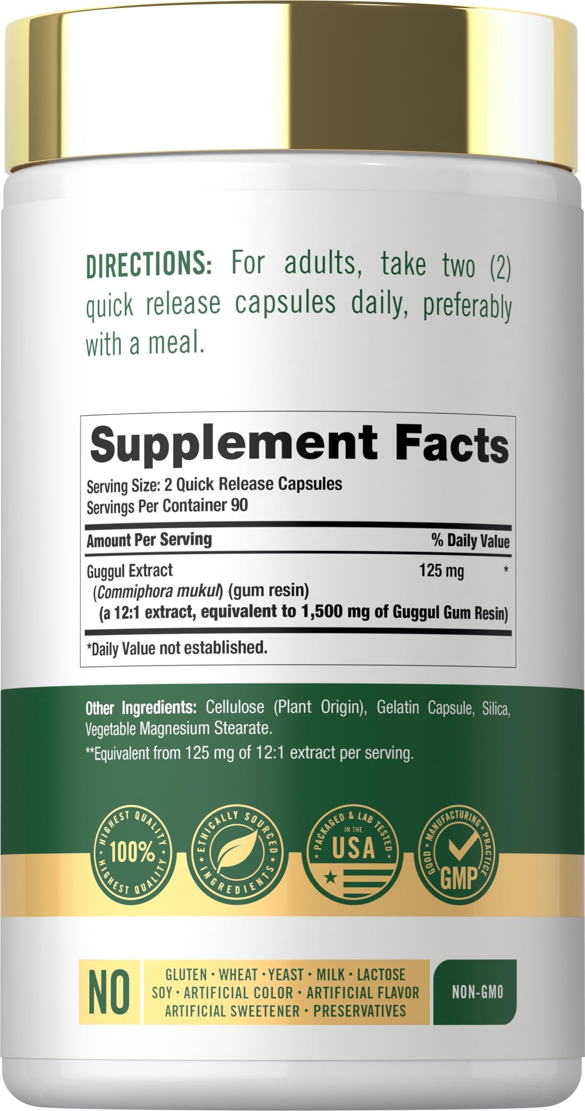 Carlyle Extrait de Guggul 180 Capsules côté avec informations nutritionnelles