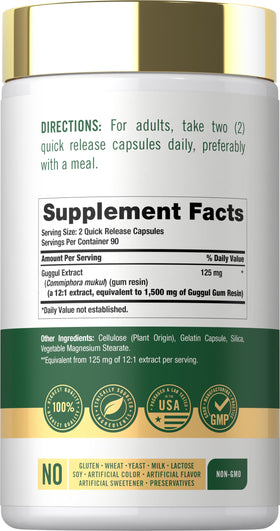 Carlyle Extrait de Guggul 180 Capsules côté avec informations nutritionnelles