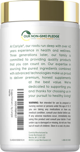 Carlyle Extrait de Guggul 180 Capsules vue arrière avec mode d'emploi