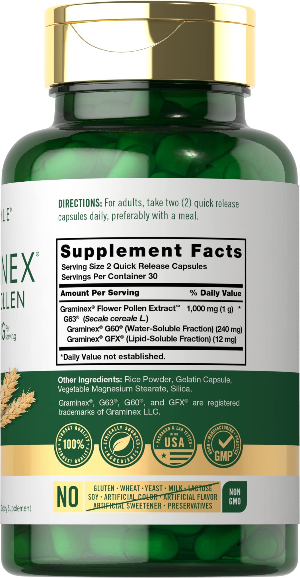 Carlyle Extrait de Pollen de Fleurs Graminex 1000 mg capsule ouverte