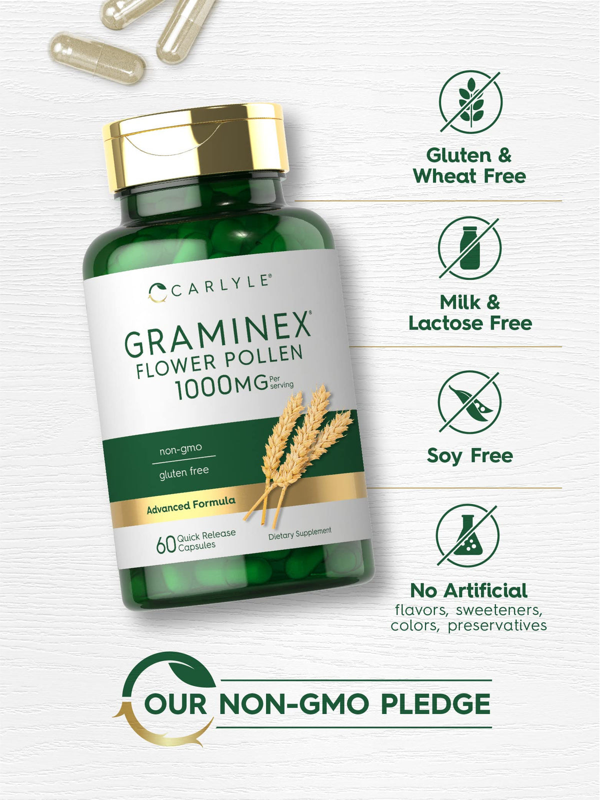Carlyle Extrait de Pollen de Fleurs Graminex sur une table en bois