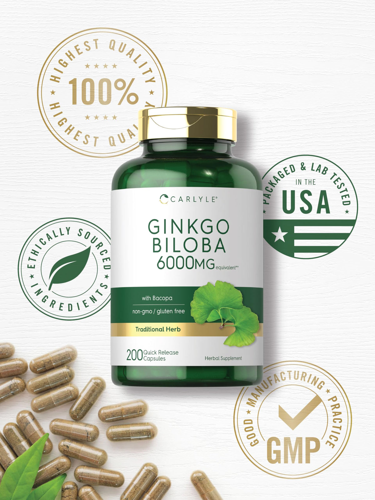 Carlyle Ginkgo Biloba 200 Capsules sur une table en bois