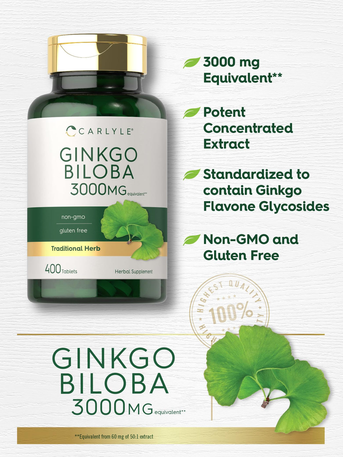 Carlyle Ginkgo Biloba 400 comprimés, dos du flacon