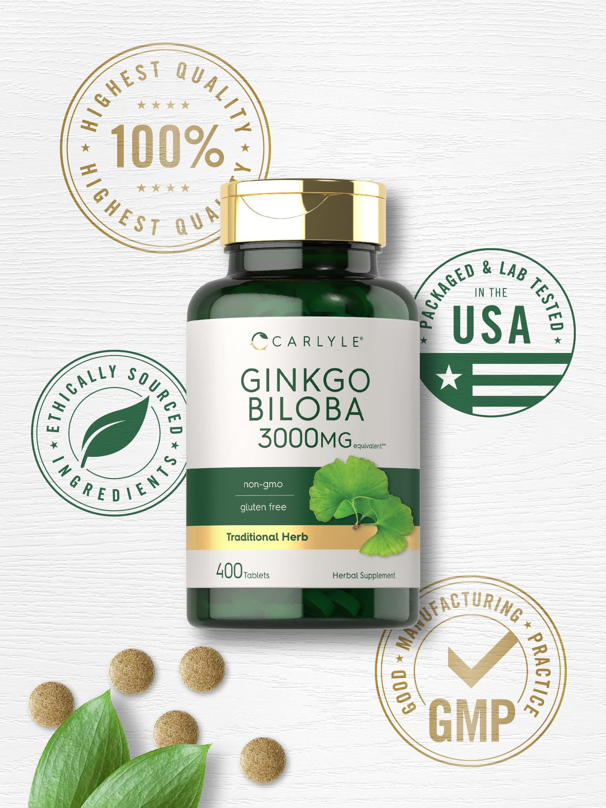 Carlyle Ginkgo Biloba flacon ouvert avec comprimés