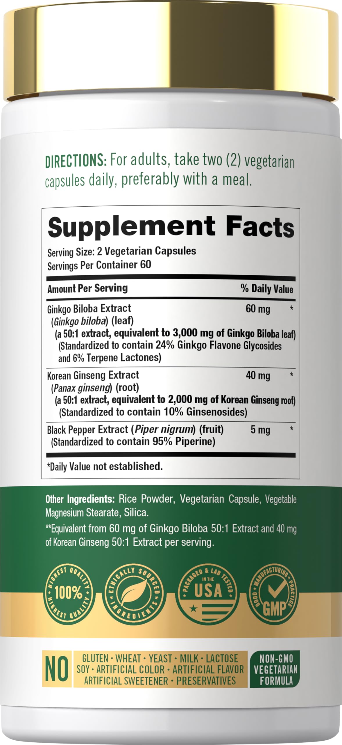 Carlyle Ginseng & Ginkgo Biloba 120 gélules végétariennes étiquette