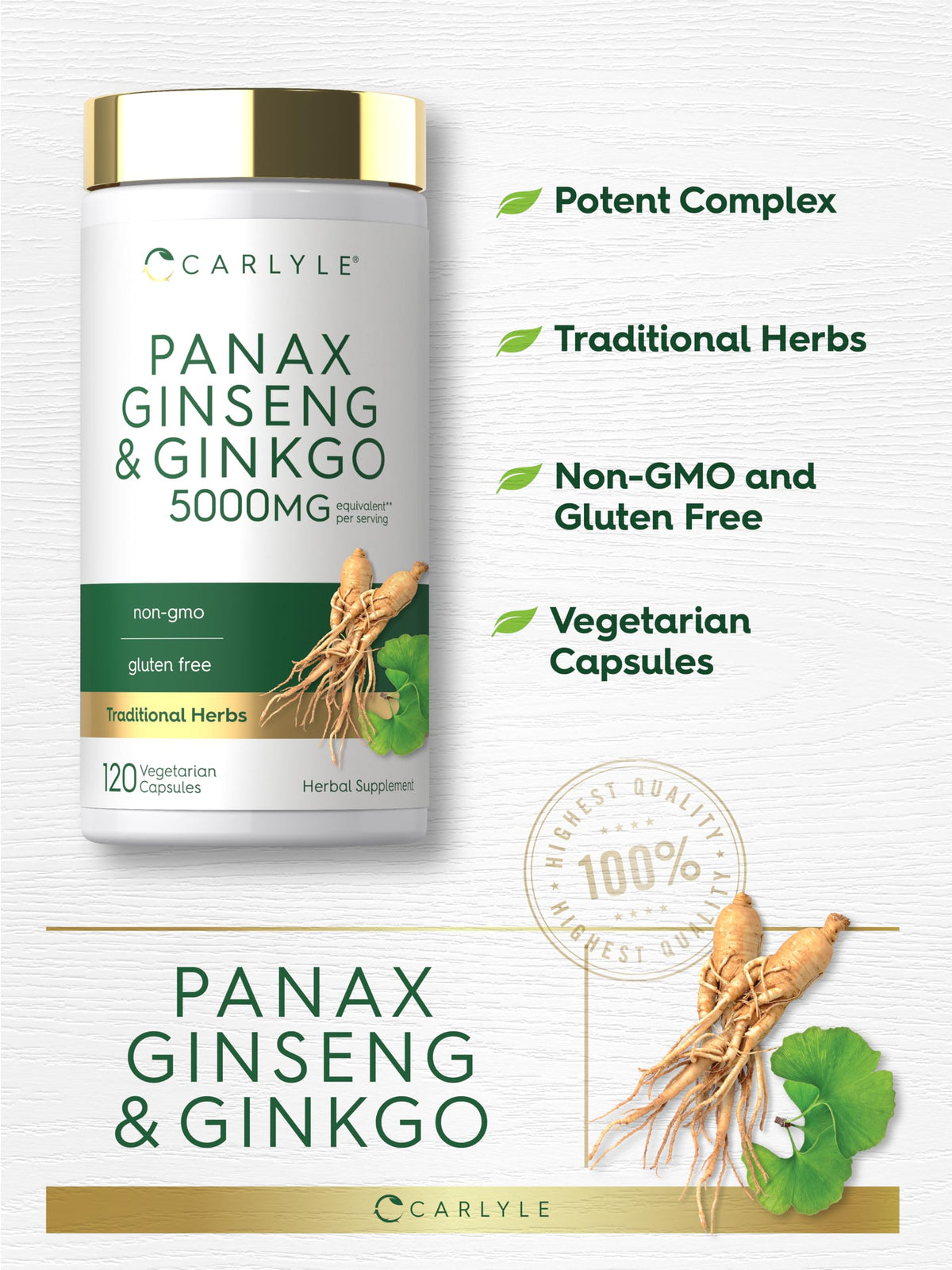 Carlyle Ginseng & Ginkgo Biloba gélules végétariennes avec des plantes