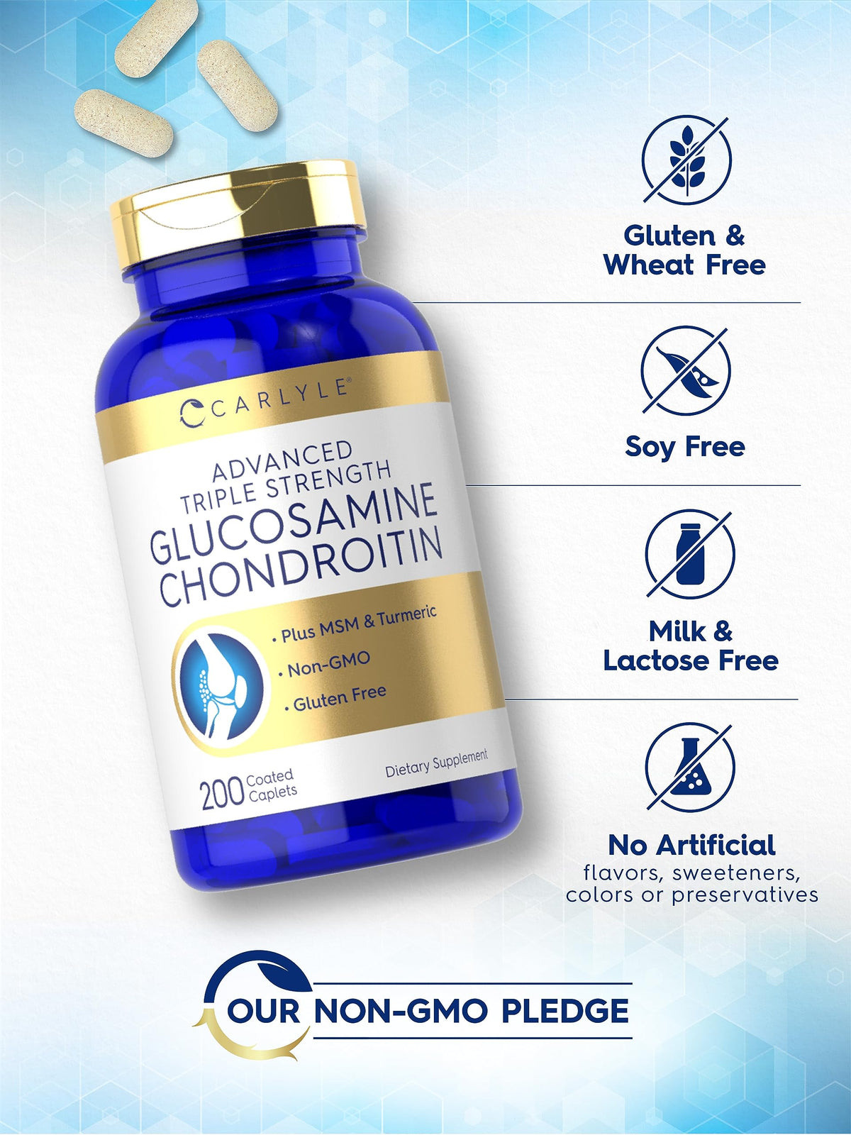 Carlyle Glucosamine Chondroitin MSM 200 comprimés côté de la boîte