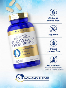 Carlyle Glucosamine Chondroitin MSM 200 comprimés côté de la boîte