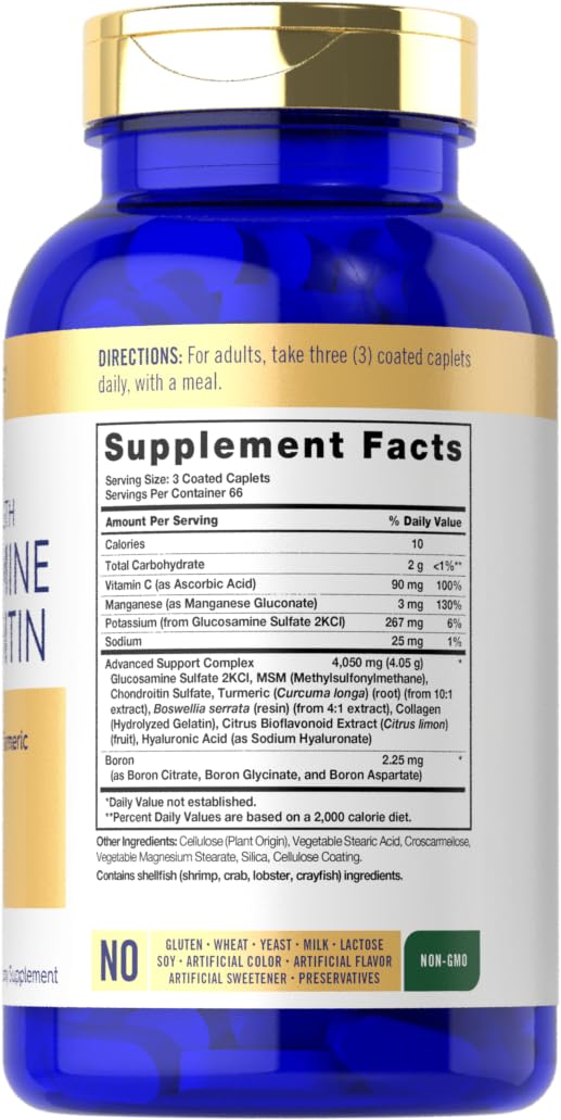 Carlyle Glucosamine Chondroitin MSM comprimés avec étiquette détaillée