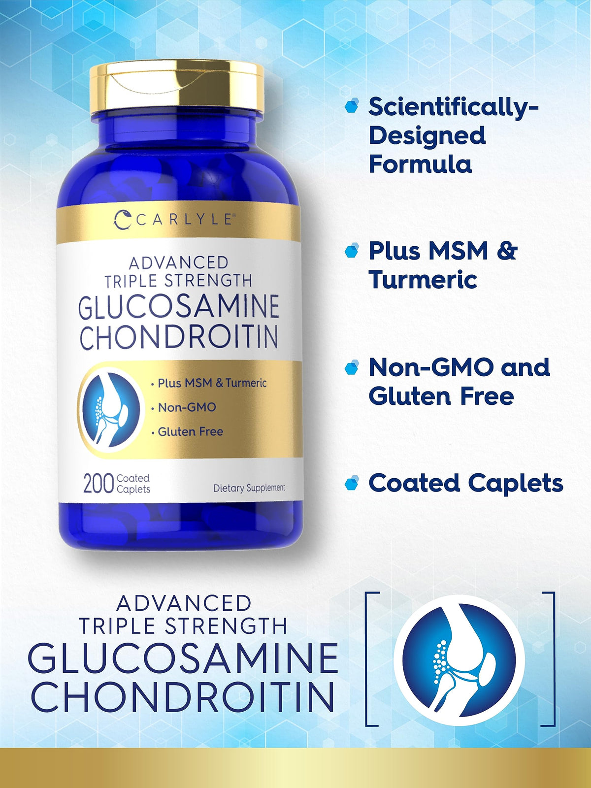 Carlyle Glucosamine Chondroitin MSM comprimés avec un verre d'eau