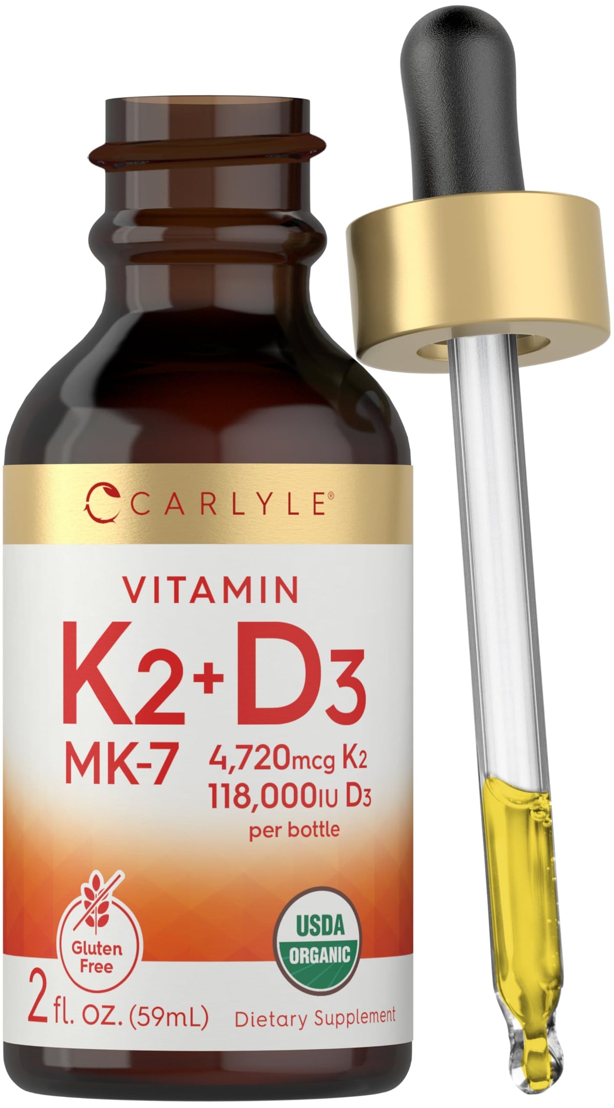 Carlyle Gouttes de Vitamine D3 K2 2 fl oz devant l'étiquette