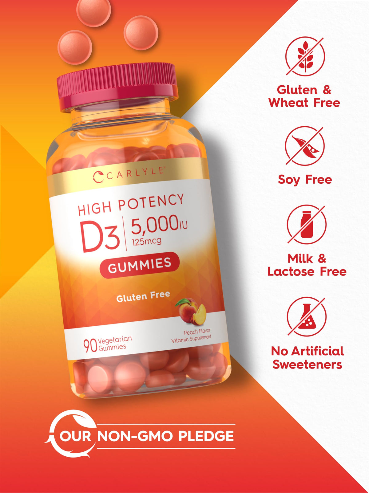 Carlyle Gummies Vitamine D3 5000 IU sur une table, près d'un verre d'eau