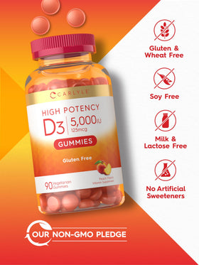 Carlyle Gummies Vitamine D3 5000 IU sur une table, près d'un verre d'eau