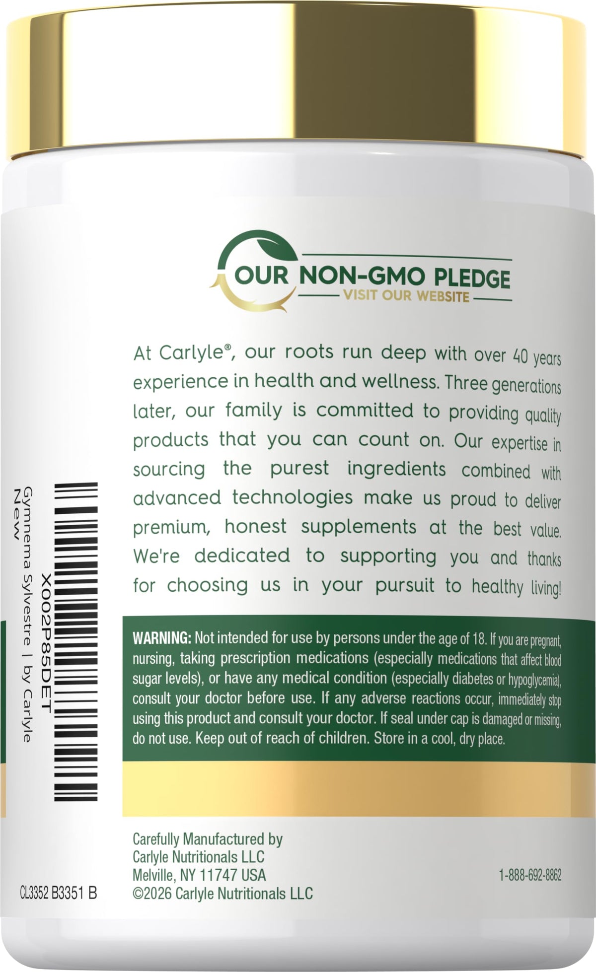 Carlyle Gymnema Sylvestre Capsules côté du flacon