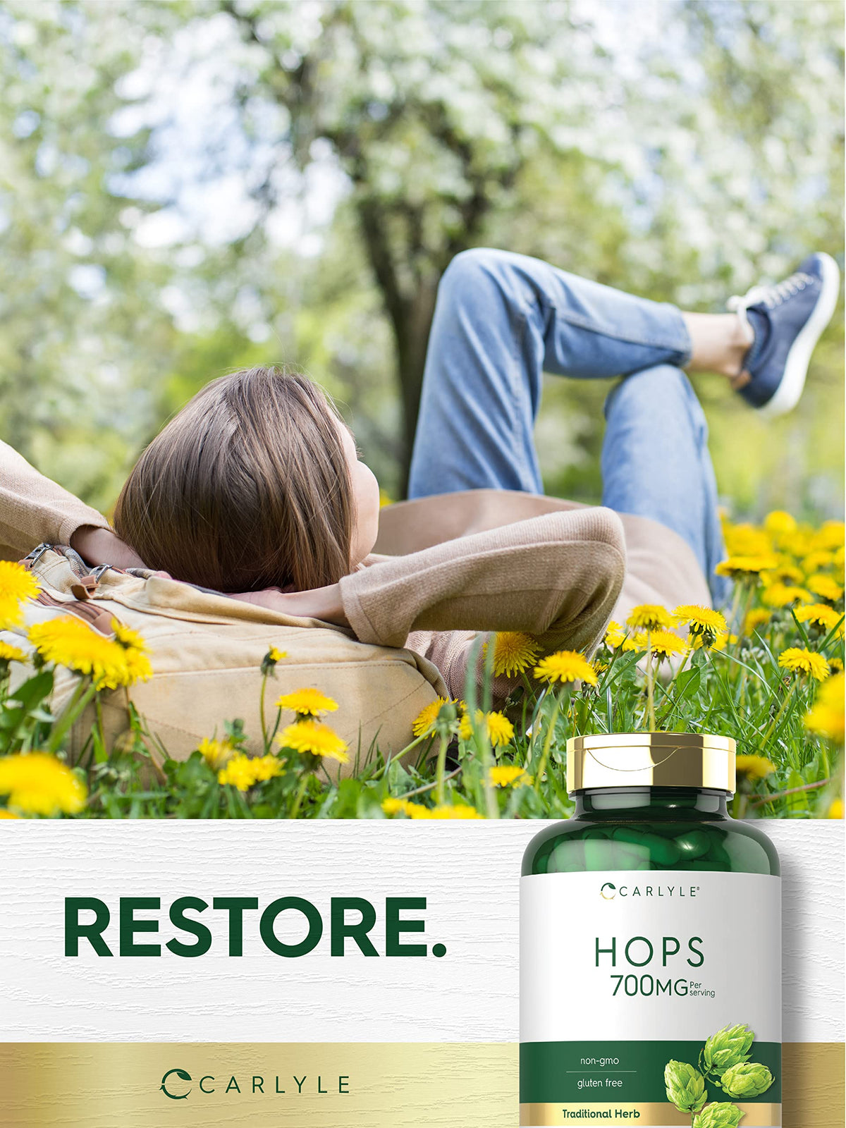 Carlyle Hops 700mg capsules in a hand
