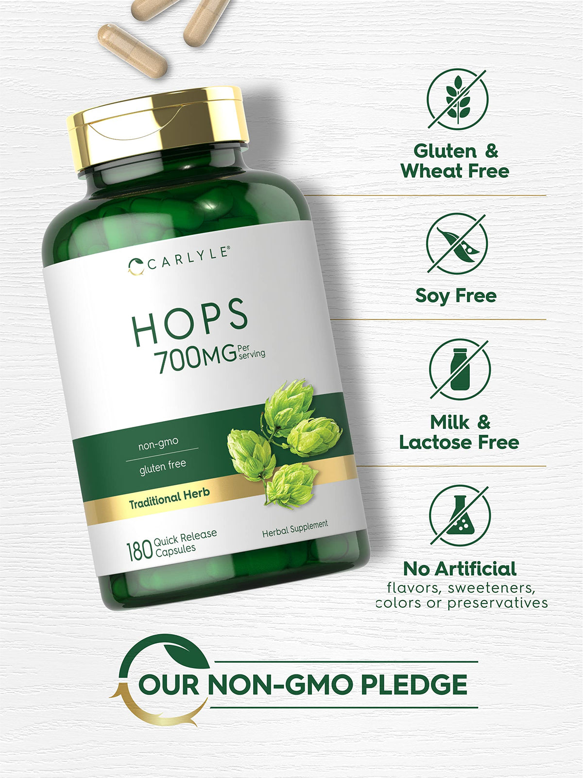 Carlyle Hops 700mg capsules with measuring spoon