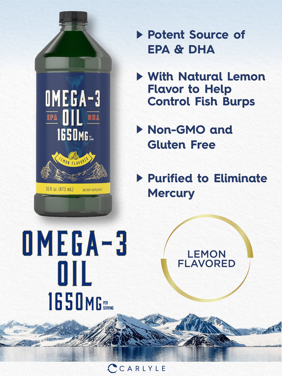 Carlyle Huile de Poisson Omega 3 1650 mg étiquette détaillée