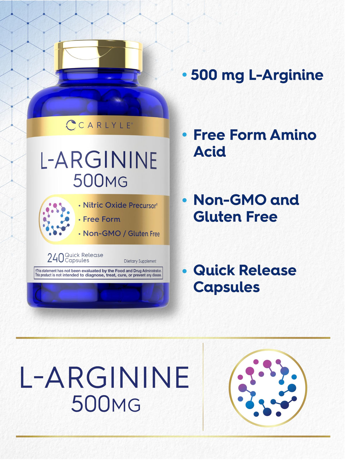Carlyle L-Arginine 500 mg Capsules, capsules individuelles sur surface