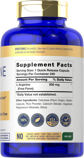 Carlyle L-Arginine 500 mg Capsules, côté de l'emballage