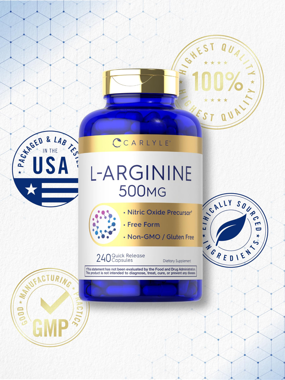 Carlyle L-Arginine 500 mg Capsules, étiquette des ingrédients