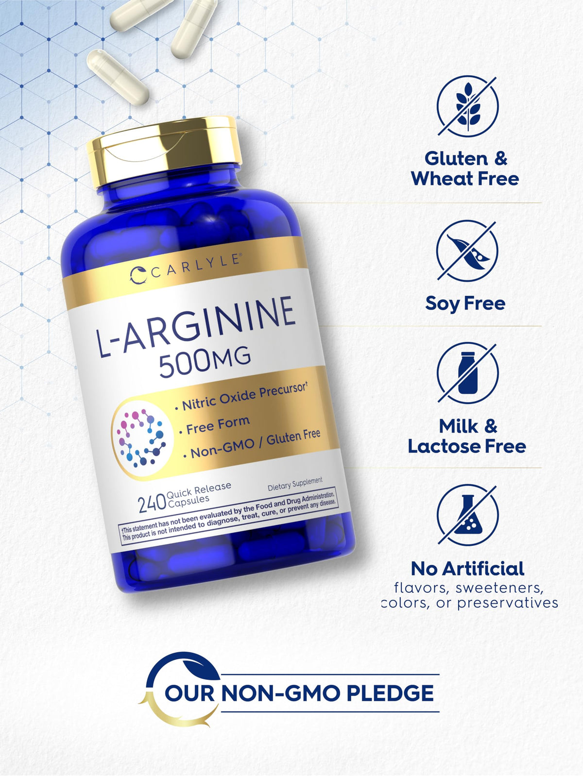 Carlyle L-Arginine 500 mg Capsules, vue des capsules à l'intérieur de l'emballage