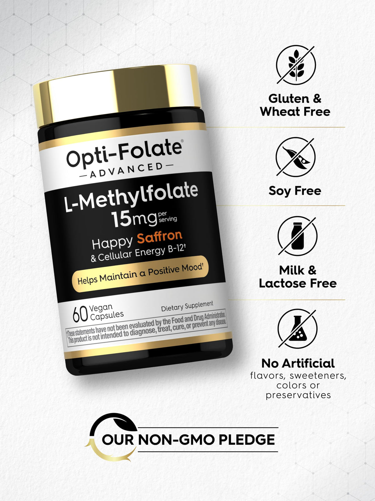 Carlyle L-Méthylfolate 15mg avec B12 et safran, vue de côté