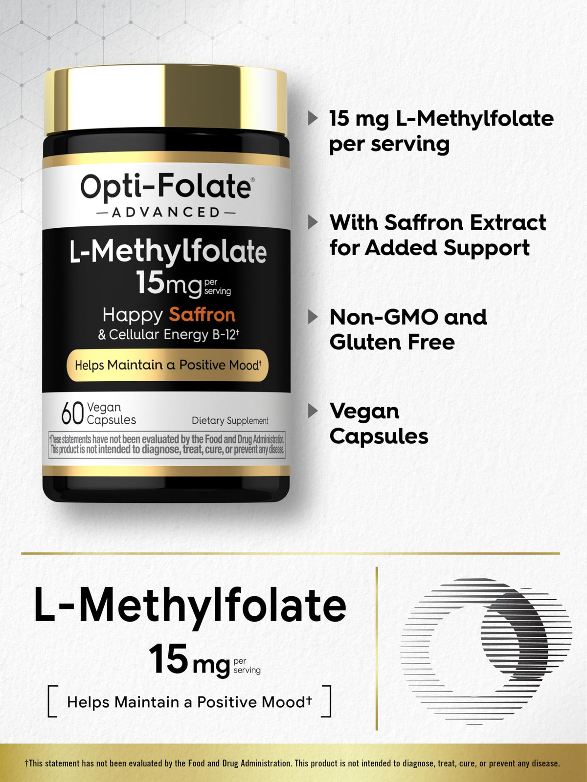 Carlyle L-Méthylfolate 15mg capsules vegan sur un fond blanc